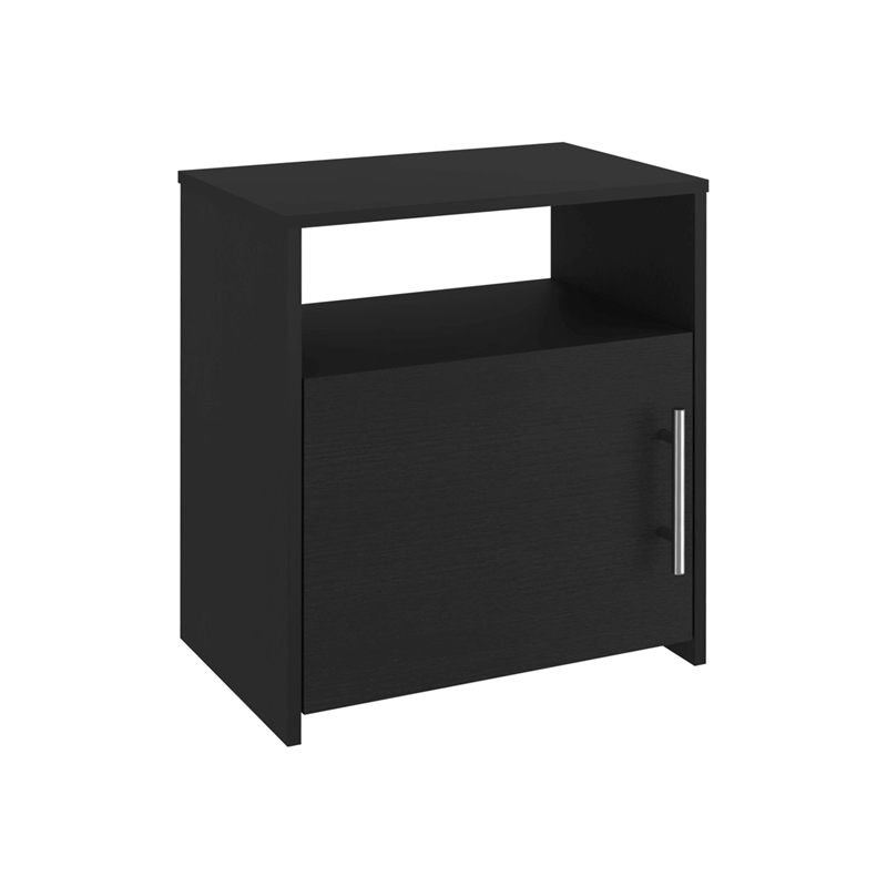 Pemberly Row Nightstand 1 Door Cabinet Metal Handle 1 Shelf in Black