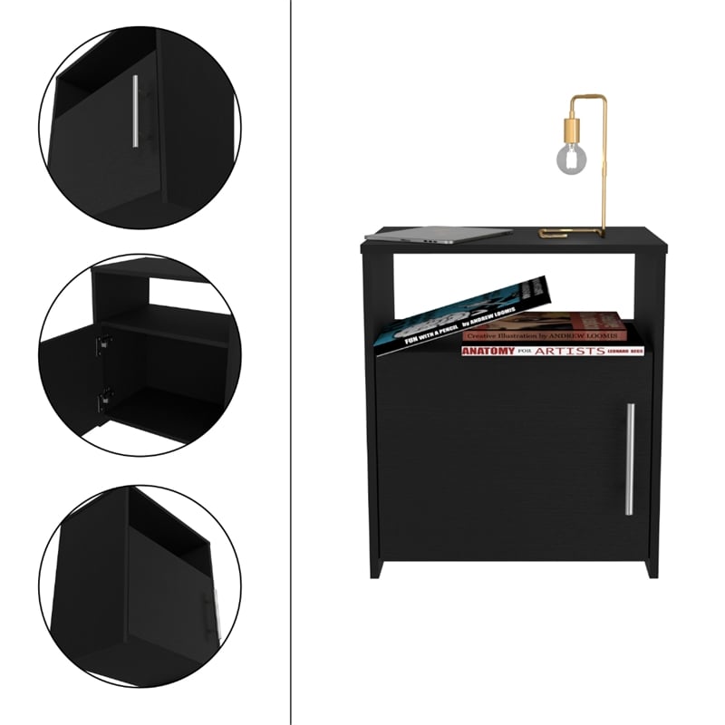 Pemberly Row Nightstand 1 Door Cabinet Metal Handle 1 Shelf in Black