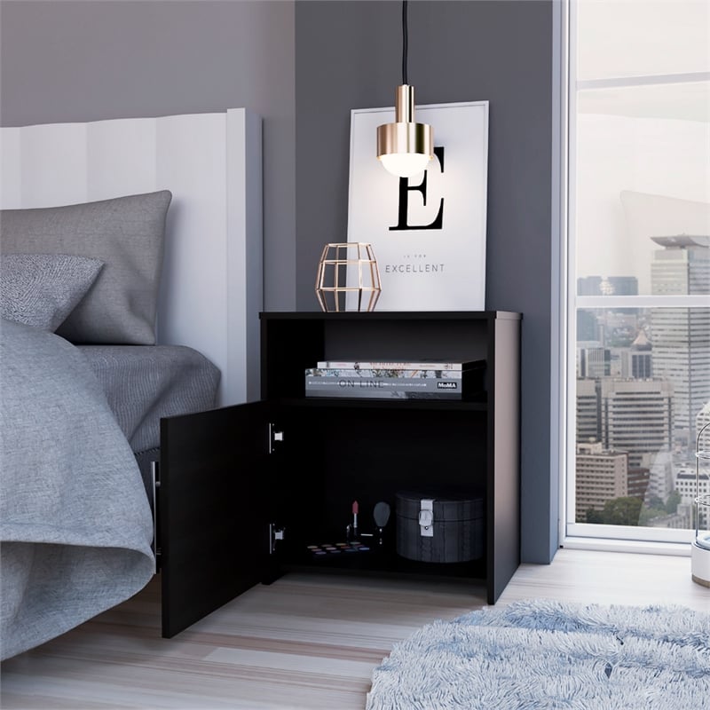 Pemberly Row Nightstand 1 Door Cabinet Metal Handle 1 Shelf in Black