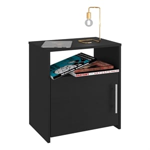 Pemberly Row Nightstand 1 Door Cabinet Metal Handle 1 Shelf in Black