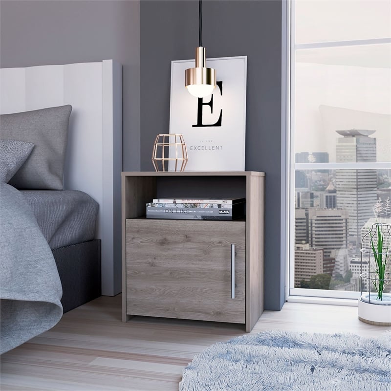 Pemberly Row Nightstand Single Door Cabinet 1 Shelf Superior Top in Light Gray