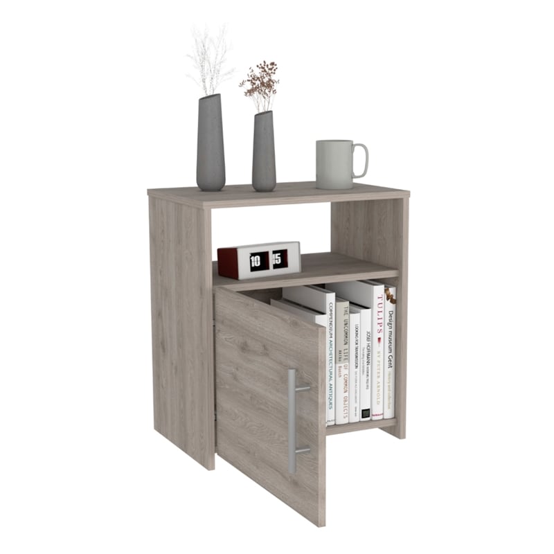 Pemberly Row Nightstand Single Door Cabinet 1 Shelf Superior Top in Light Gray
