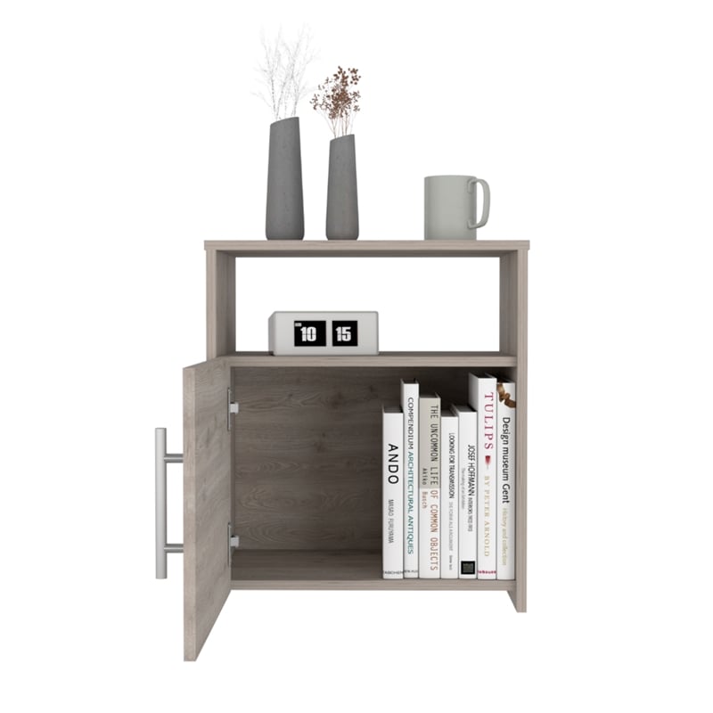 Pemberly Row Nightstand Single Door Cabinet 1 Shelf Superior Top in Light Gray