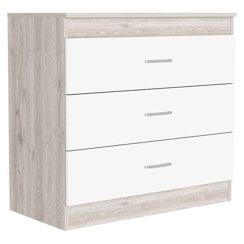 Pemberly Row Dresser 3 Drawers Metal Hardware Superior Top in Light Gray / White