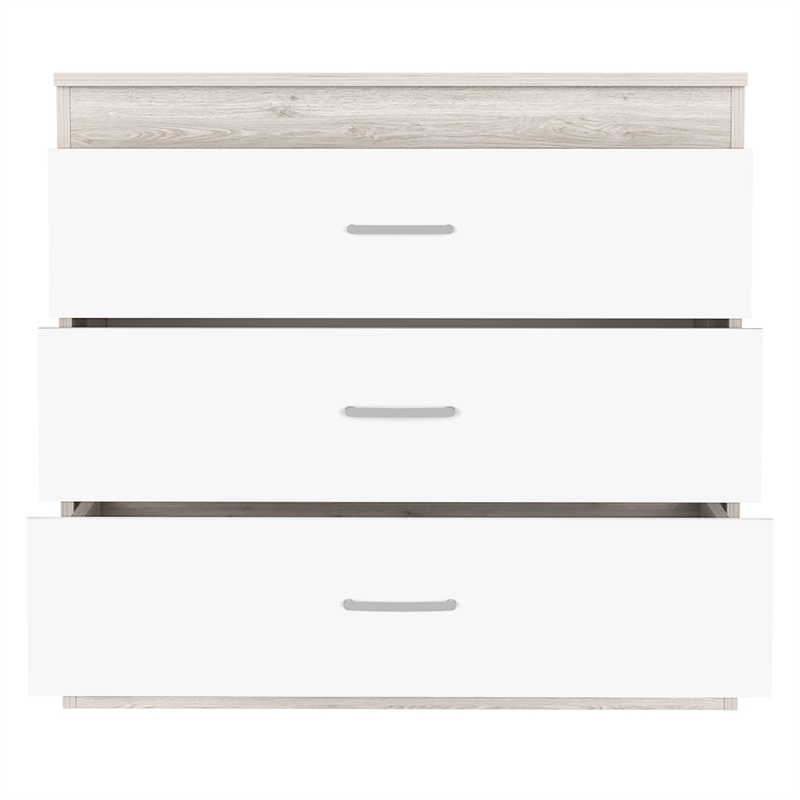 Pemberly Row Dresser 3 Drawers Metal Hardware Superior Top in Light Gray / White