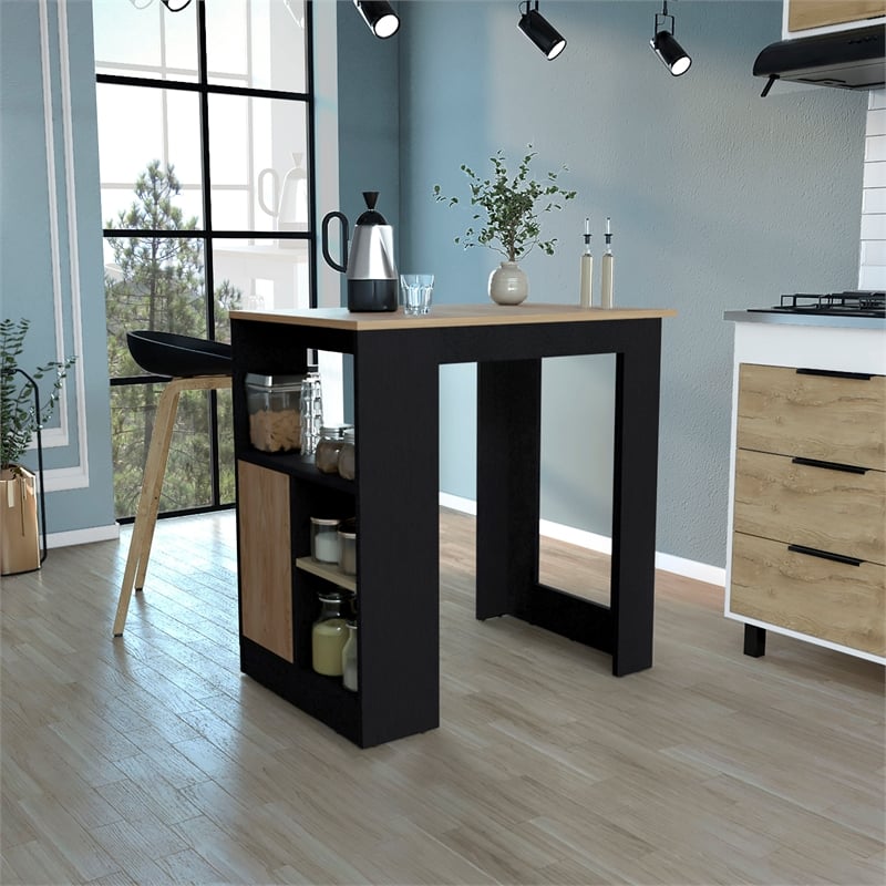 Pemberly Row Black/Natural Kitchen Island w/ Side Shelves & Push to Open Cabinet
