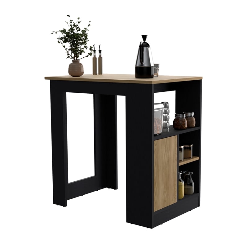 Pemberly Row Black/Natural Kitchen Island w/ Side Shelves & Push to Open Cabinet
