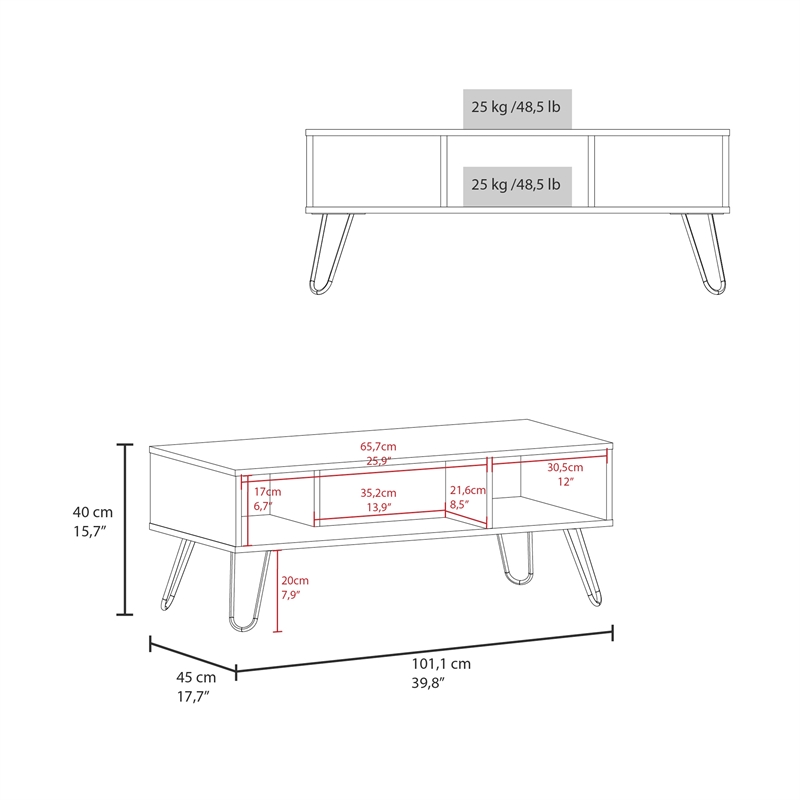 Pemberly Row Contemporary Coffee Table with 4 Legs and 2 Shelves White
