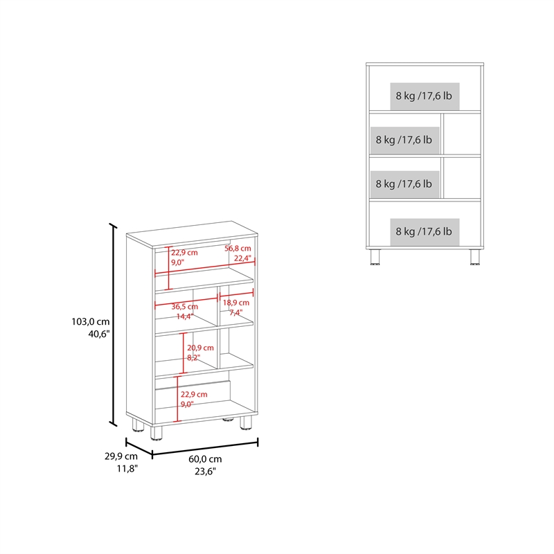 Pemberly Row Contemporary Bookcase 6 Shelves 4 Legs in White