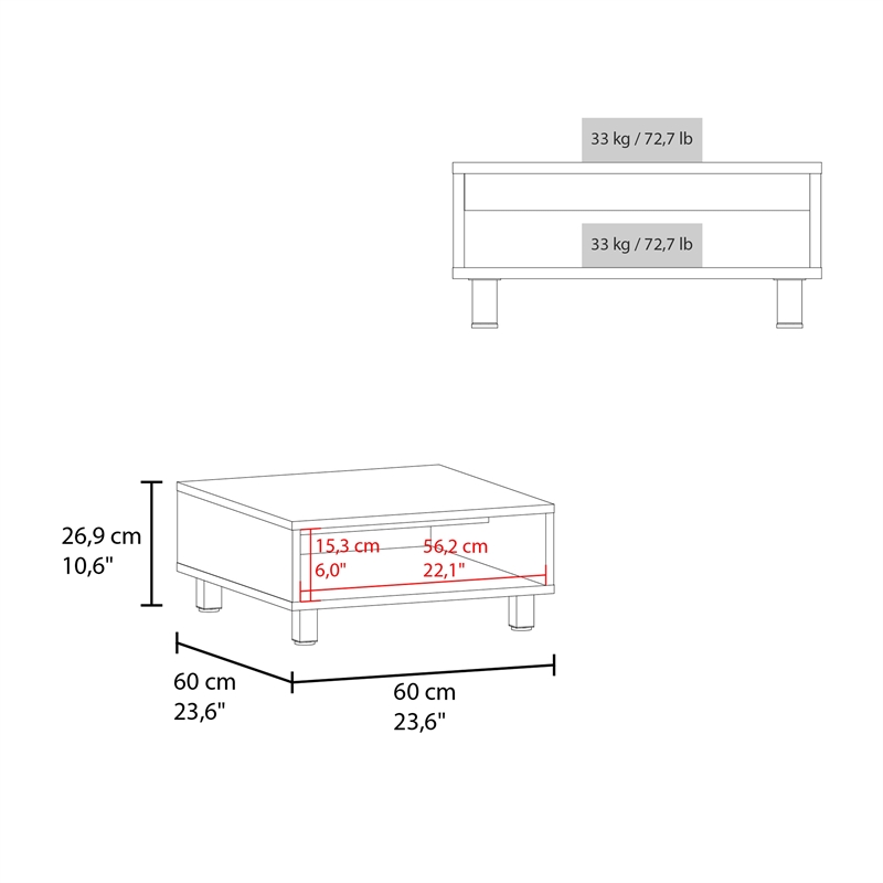 Pemberly Row Contemporary Coffee Table 1 Shelf 4 Legs in White