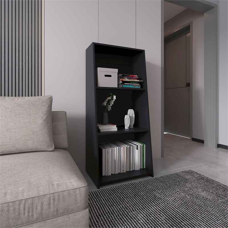 Pemberly Row Contemporary Bookcase with 3 Shelves in Black Finish
