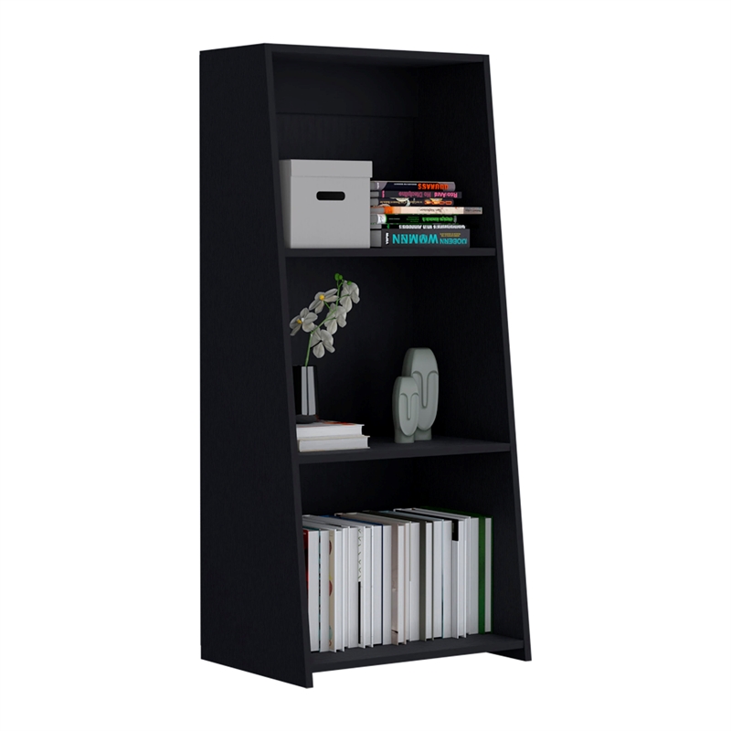 Pemberly Row Contemporary Bookcase with 3 Shelves in Black Finish