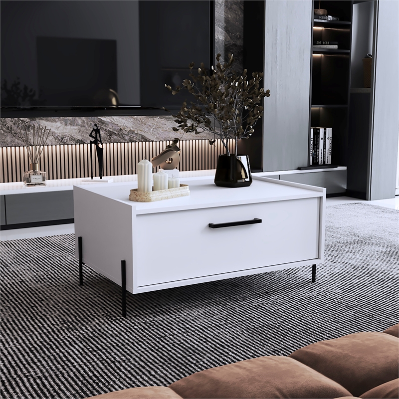 Pemberly Row Contemporary Coffee Table 1 Shelf 4 Legs in White