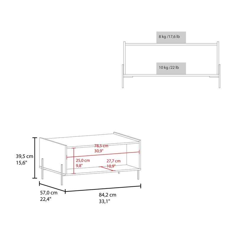 Pemberly Row Contemporary Coffee Table 1 Shelf 4 Legs in White