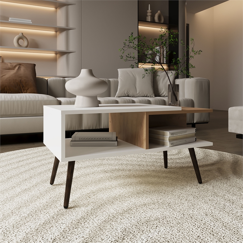 Pemberly Row Coffee Table 2 Shelves 4 legs White Natural Oak Wooden