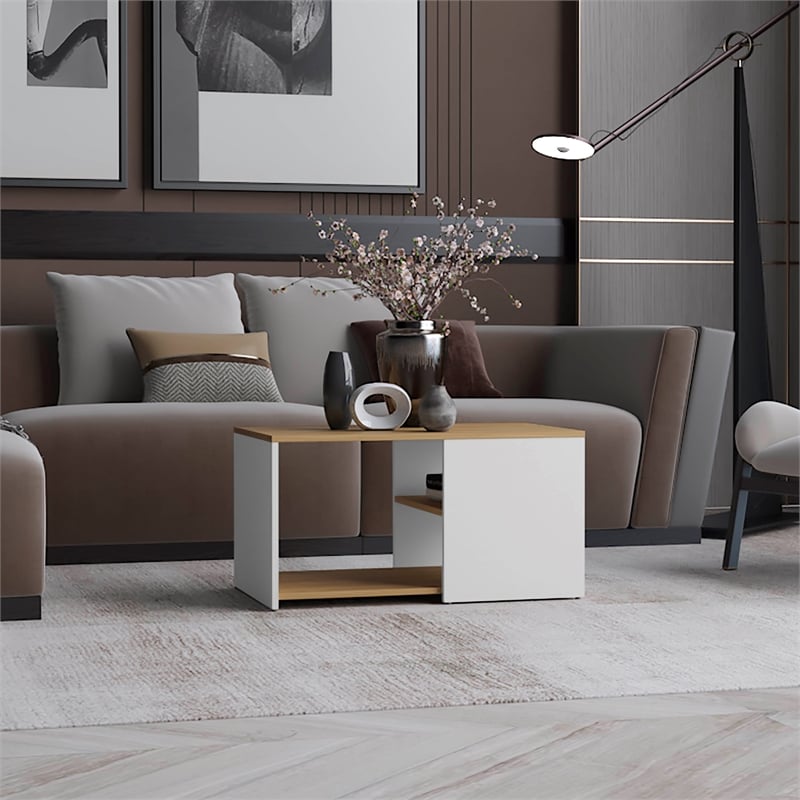 Pemberly Row Coffee Table 2 Shelves White Natural Oak Particle Board