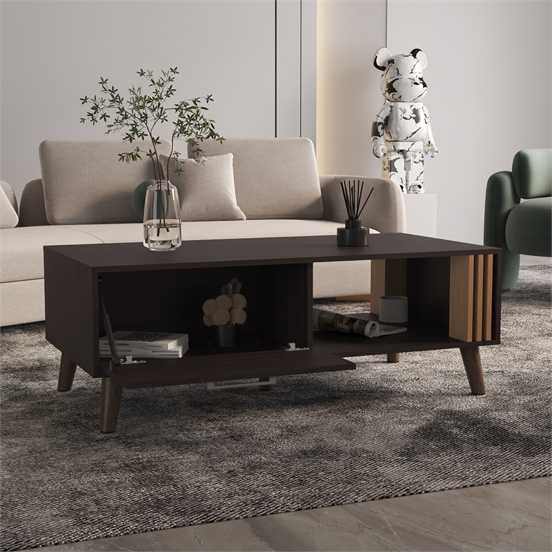 Pemberly Row Contemporary Coffee Table 1 Door 1 Shelf Black Natural Oak