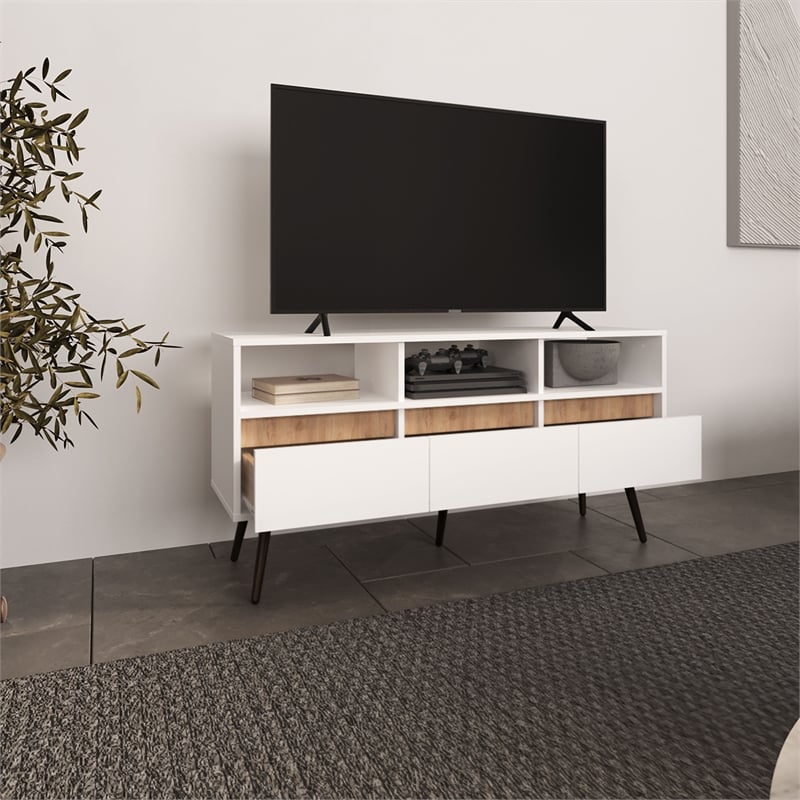Pemberly Row Contemporary TV Stand 3 Drawers 3 Shelves White Natural Oak