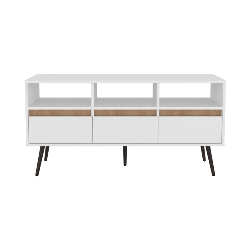 Pemberly Row Contemporary TV Stand 3 Drawers 3 Shelves White Natural Oak