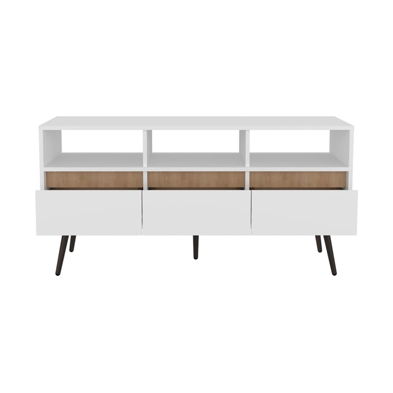 Pemberly Row Contemporary TV Stand 3 Drawers 3 Shelves White Natural Oak