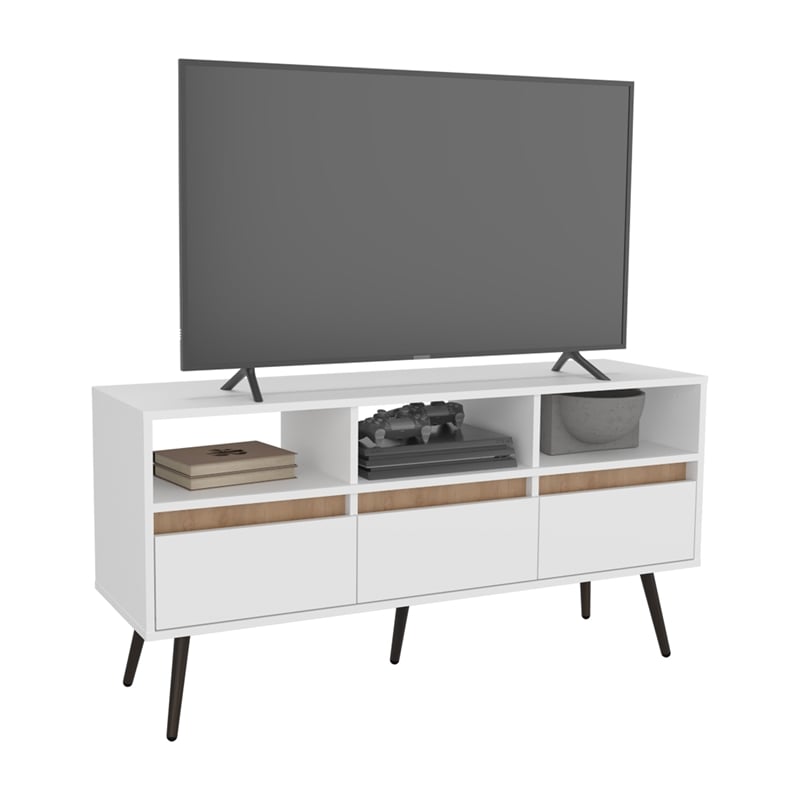 Pemberly Row Contemporary TV Stand 3 Drawers 3 Shelves White Natural Oak