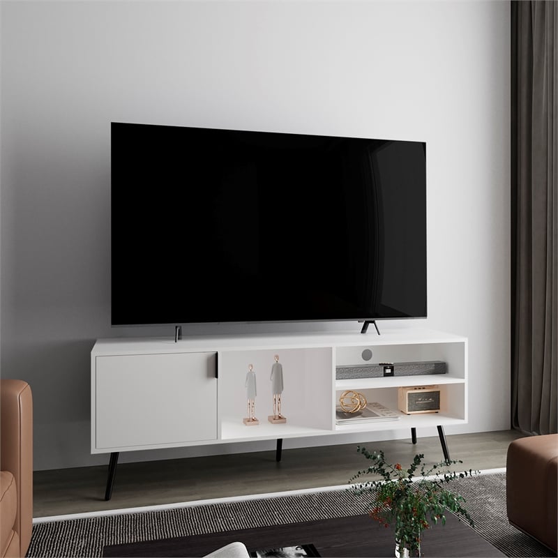 Pemberly Row Contemporary TV Stand 1 Door 3 Shelves in White