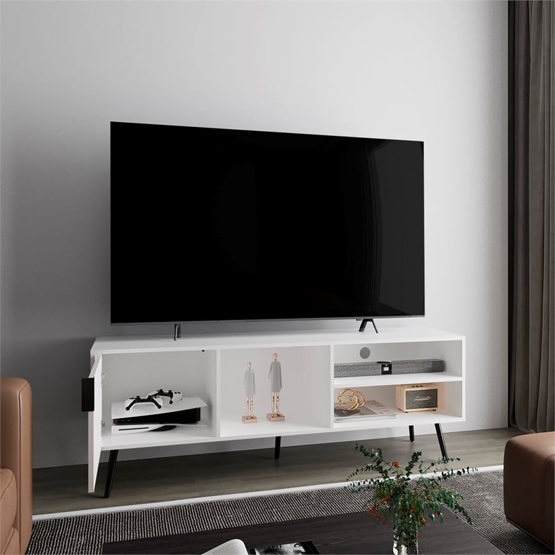 Pemberly Row Contemporary TV Stand 1 Door 3 Shelves in White