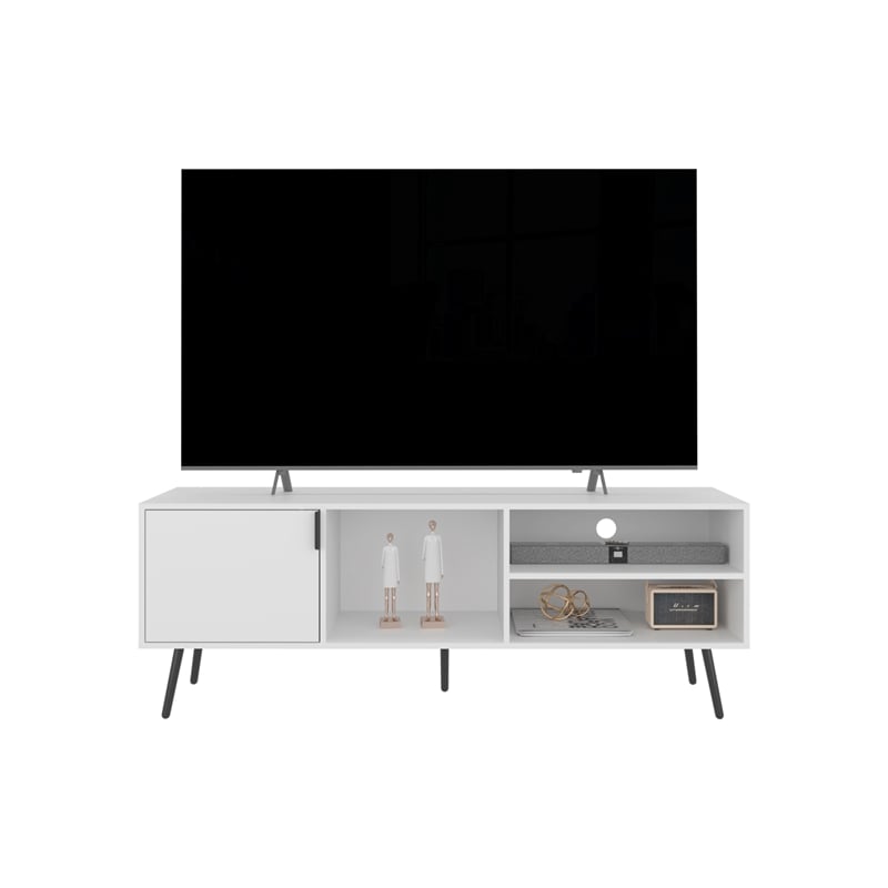Pemberly Row Contemporary TV Stand 1 Door 3 Shelves in White