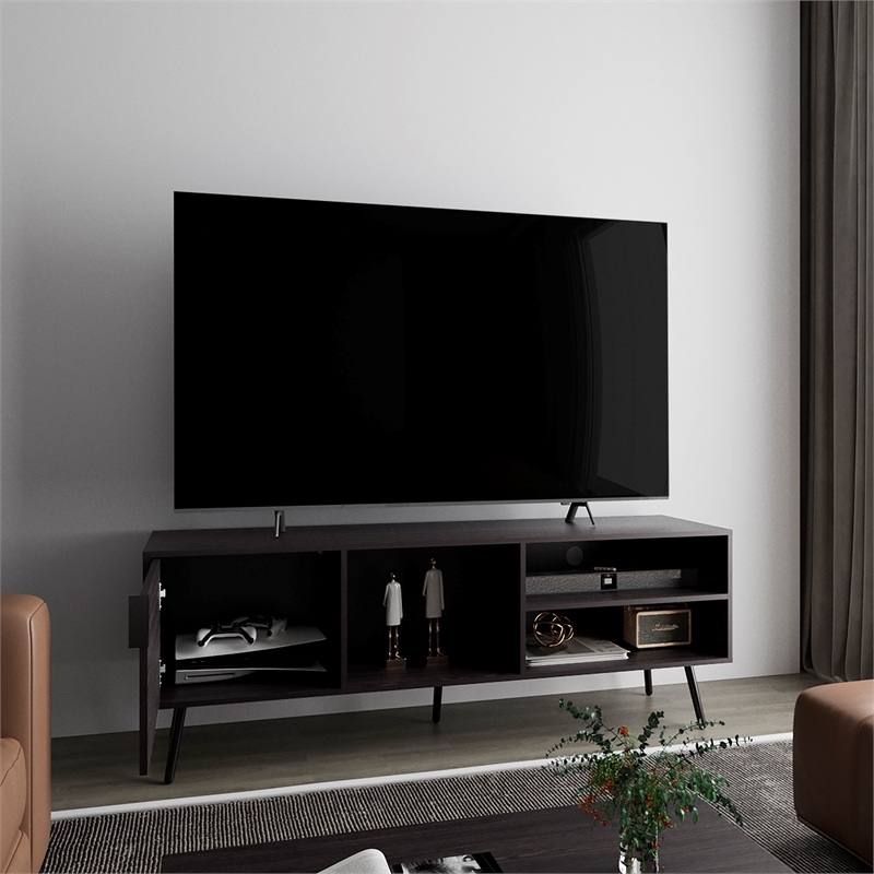 Pemberly Row Contemporary TV Stand 1 Door 3 Shelves in Black