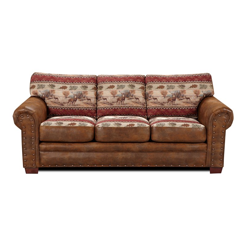 Pemberly Row Traditional Microfiber Deer Valley Sofa in Brown