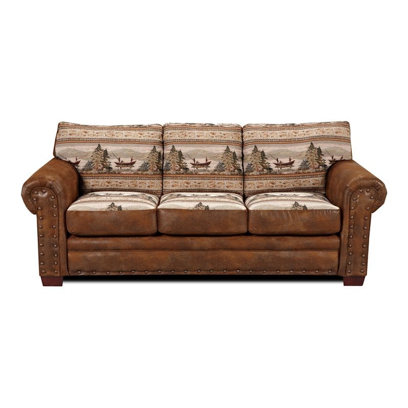 Pemberly Row Traditional Microfiber Alpine Lodge Sofa in Brown