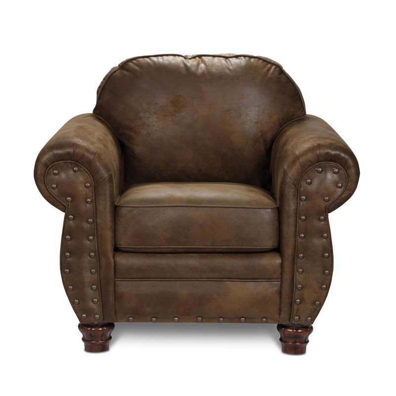 Pemberly Row Traditional Microfiber Arm Chair in Brown with Solid Wood Legs