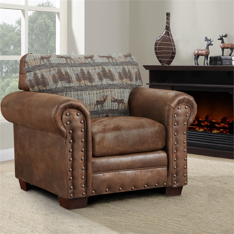 Pemberly Row Traditional Deer Teal/Brown Tapestry Lodge Arm Chair