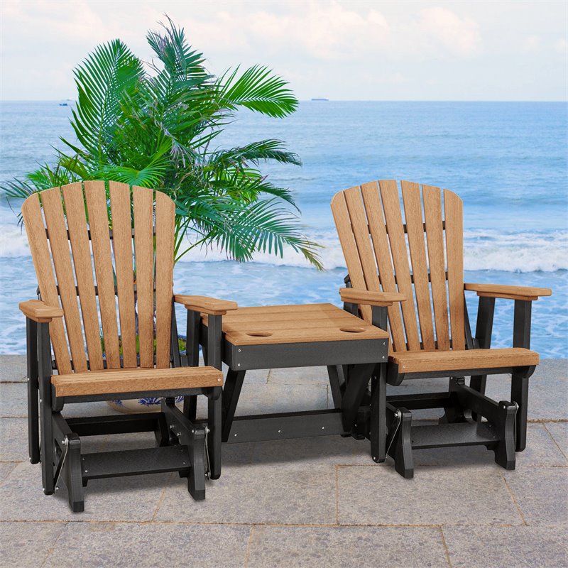 Pemberly Row Resin Double Glider with Center Table in Cedar/Black