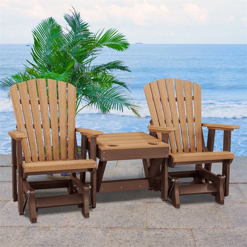 Pemberly Row Resin Double Glider with Center Table in Cedar/Brown