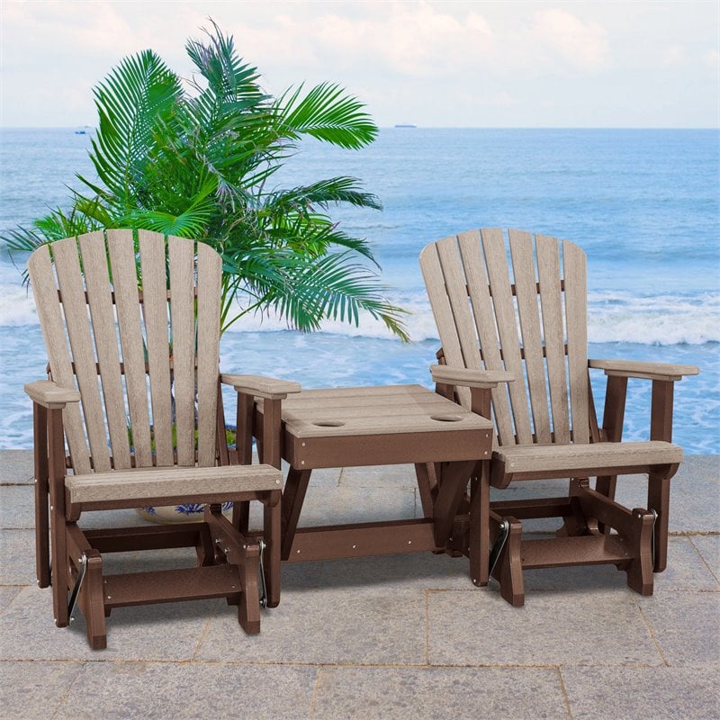 Pemberly Row Coastal Resin Double Glider with Center Table in Brown