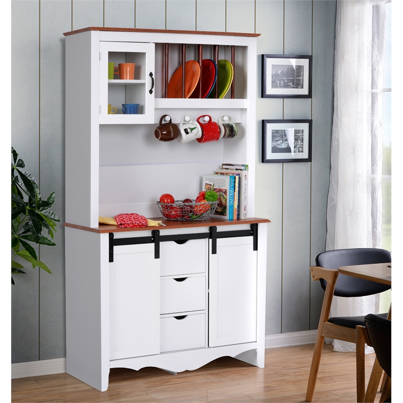 Pemberly Row White Countryside Barn Door Engineered Wood Buffet & Hutch