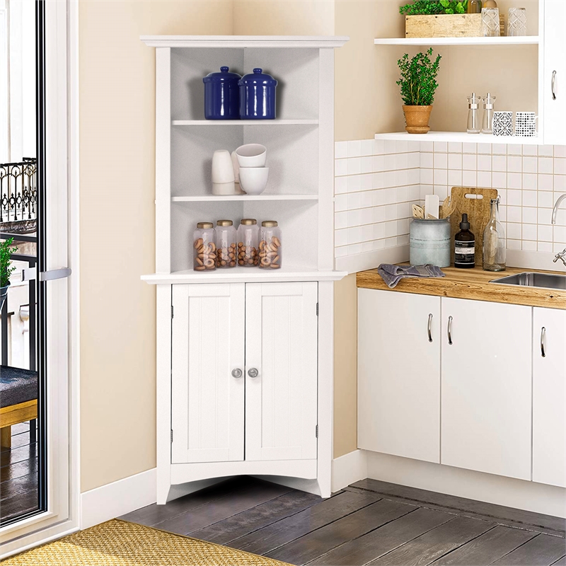 Pemberly Row Farmhouse Engineered Wood Corner White Kitchen Cabinet