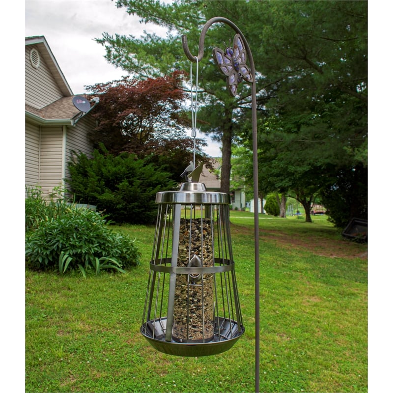 Pemberly Row Contemporary Metal Deluxe Bird Feeder in Nickel