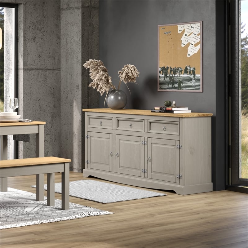 Pemberly Row Farmhouse Cottage Wood Buffet Sideboard in Corona Gray