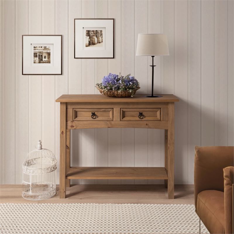 Pemberly Row Farmhouse Cottage Solid Wood Hall Table in Corona Brn