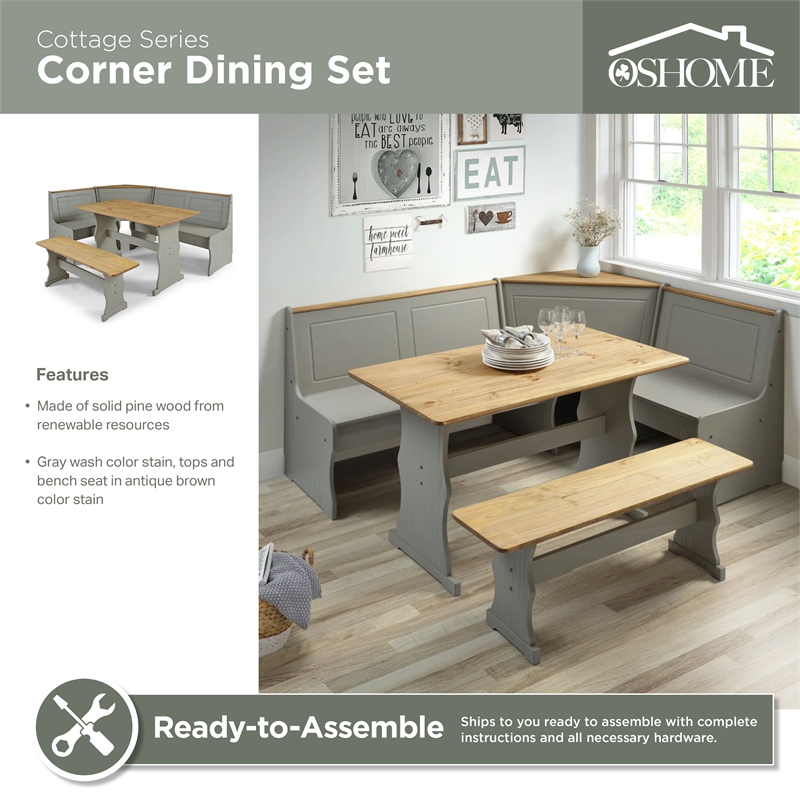 Pemberly Row Farmhouse Solid Pine Corner Dining Booth in Gray