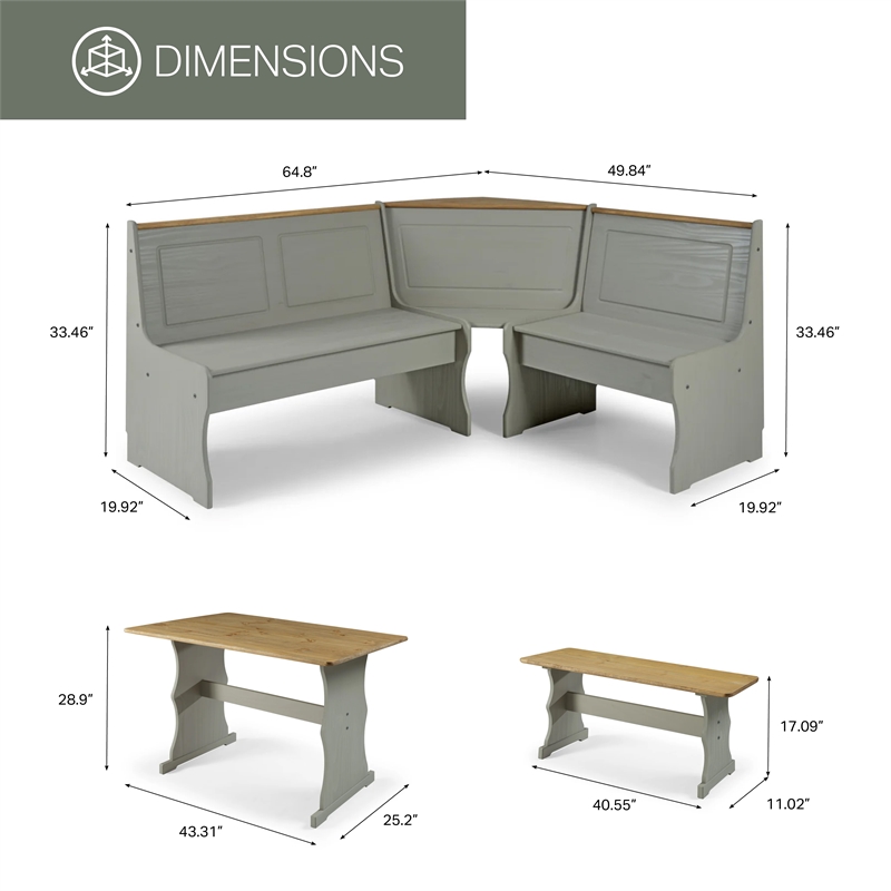 Pemberly Row Farmhouse Solid Pine Corner Dining Booth in Gray