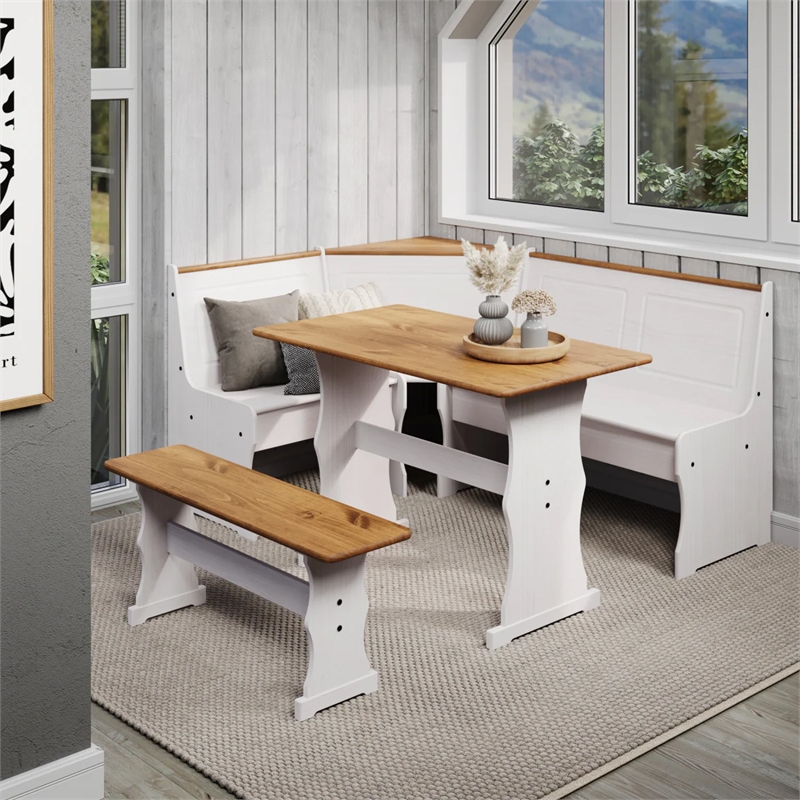 Pemberly Row Farmhouse Solid Pine Corner Dining Booth in White