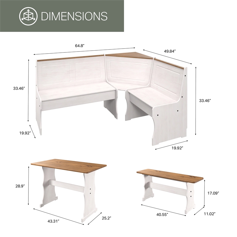 Pemberly Row Farmhouse Solid Pine Corner Dining Booth in White