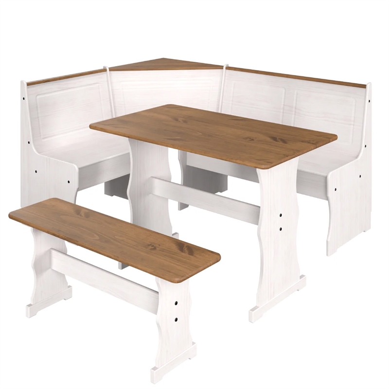 Pemberly Row Farmhouse Solid Pine Corner Dining Booth in White