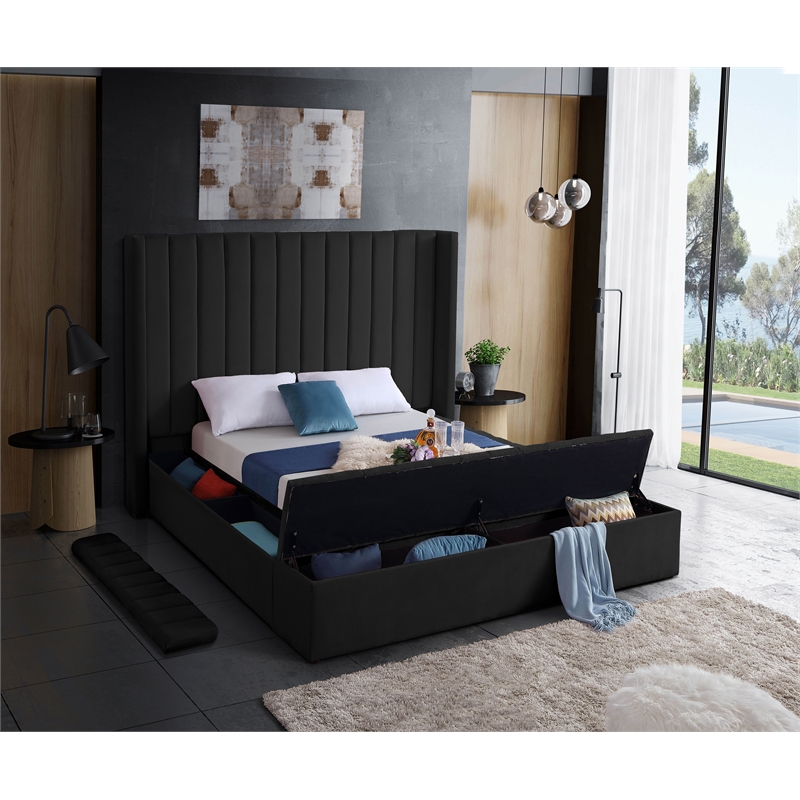 Pemberly Row Contemporary Solid Wood and Velvet Full Bed in Black