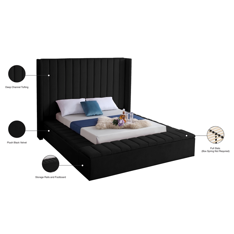 Pemberly Row Contemporary Solid Wood and Velvet Full Bed in Black