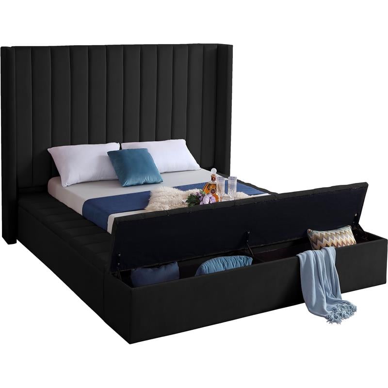 Pemberly Row Contemporary Solid Wood and Velvet Full Bed in Black