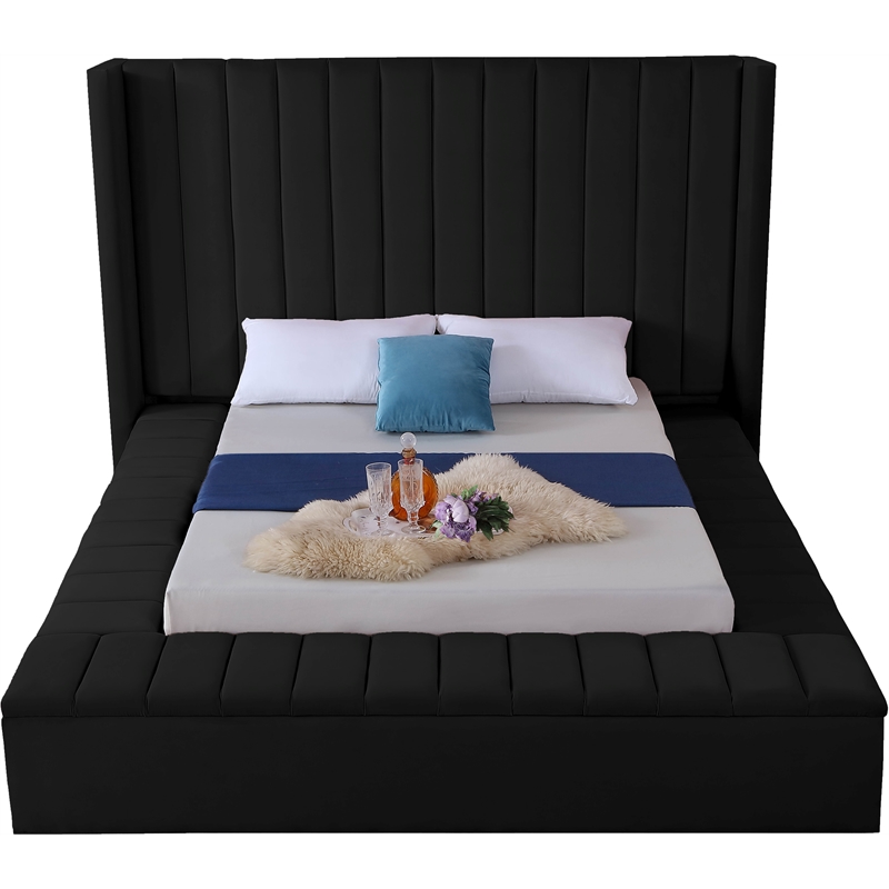Pemberly Row Contemporary Solid Wood and Velvet Full Bed in Black